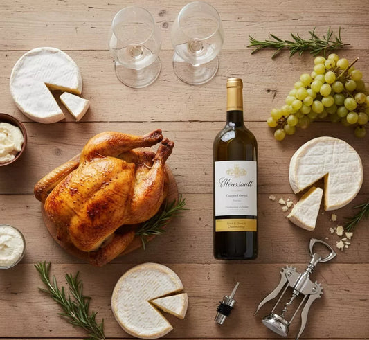 Meursault with roasted chicken and creamy cheeses like Brie, along with elegant glassware, a stopper, and a wine opener: