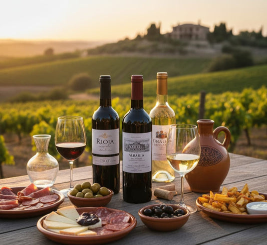 Spanish wines and tapas arranged on a rustic table, showcasing a variety of reds and whites