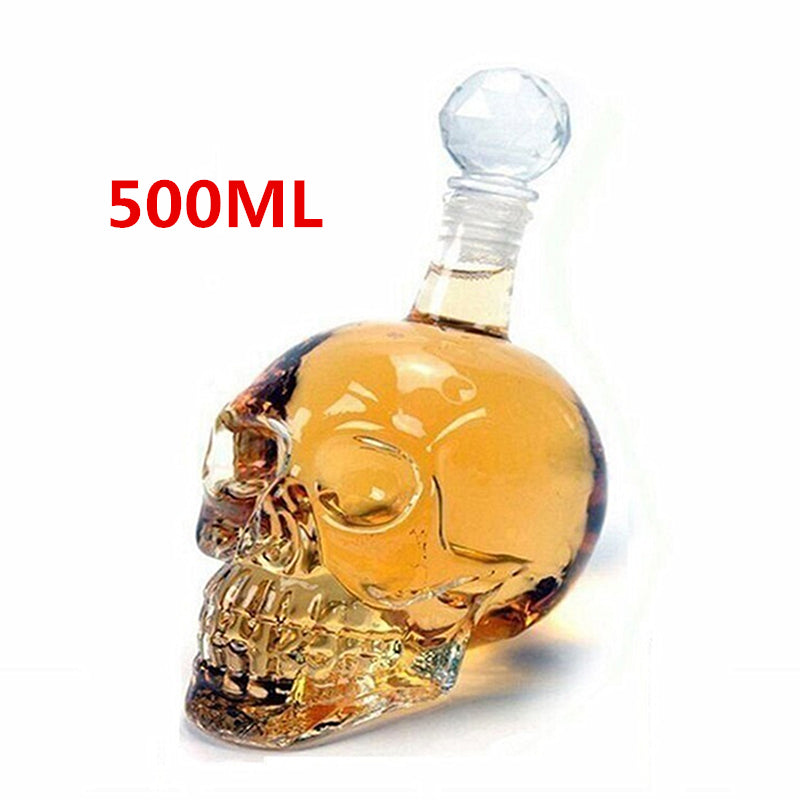 Skull-shaped bottle with whisky and '500ML' text on a white background