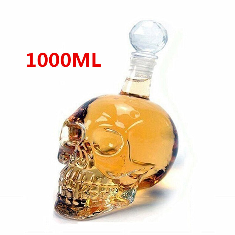 Skull-shaped bottle with whisky and '1000ML' text on a white background