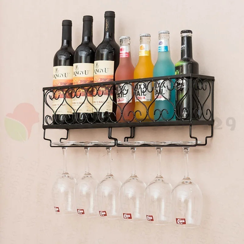 Wall-Mounted Wine Rack with Glass Holder – Rustic Metal Bottle Shelf for Home Bar & Kitchen Décor