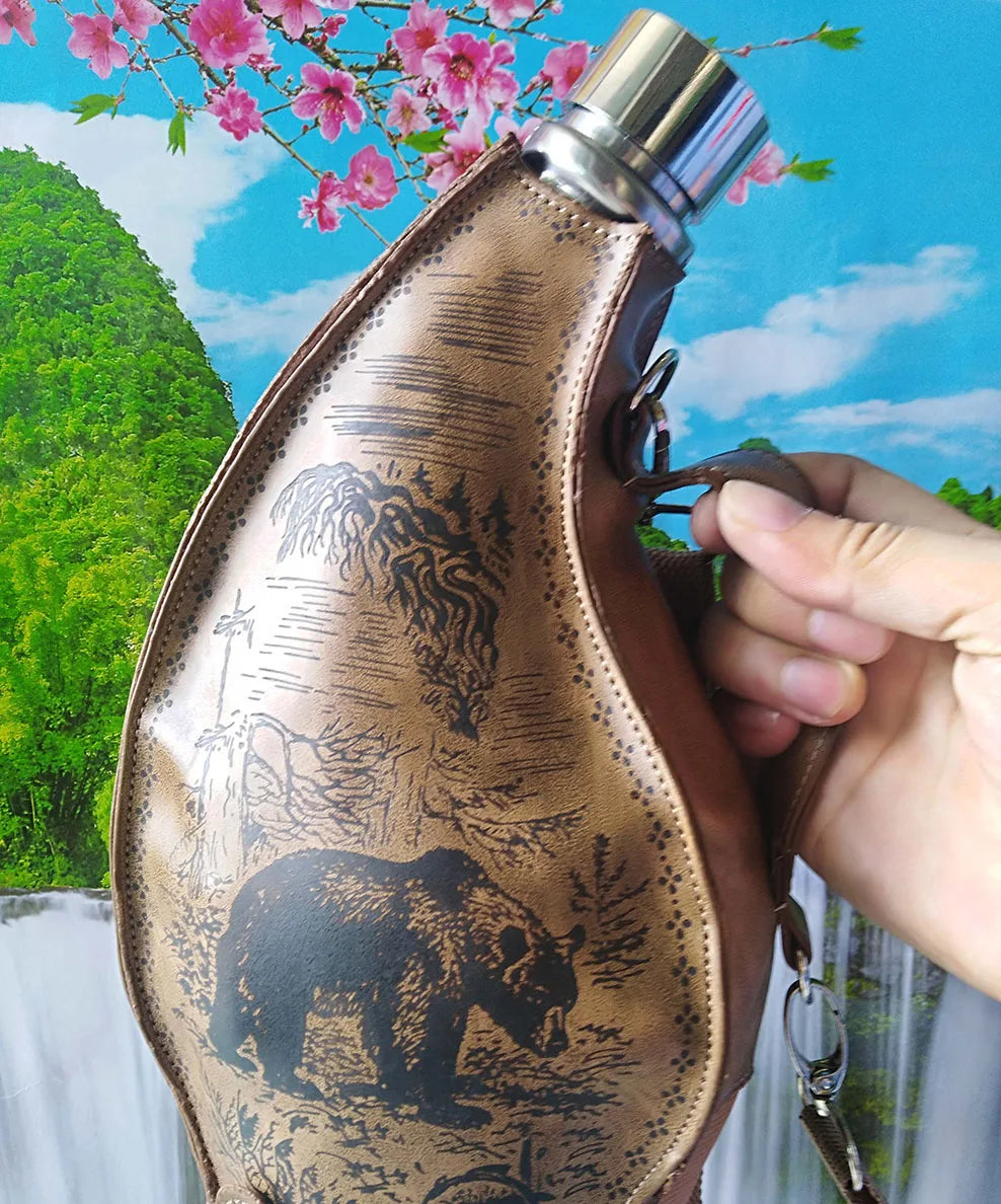 53oz Stainless Steel Horns Hip Flask, Portable Leather Case, Ox Horn Flagon With funnel high-capacity, Wine jug