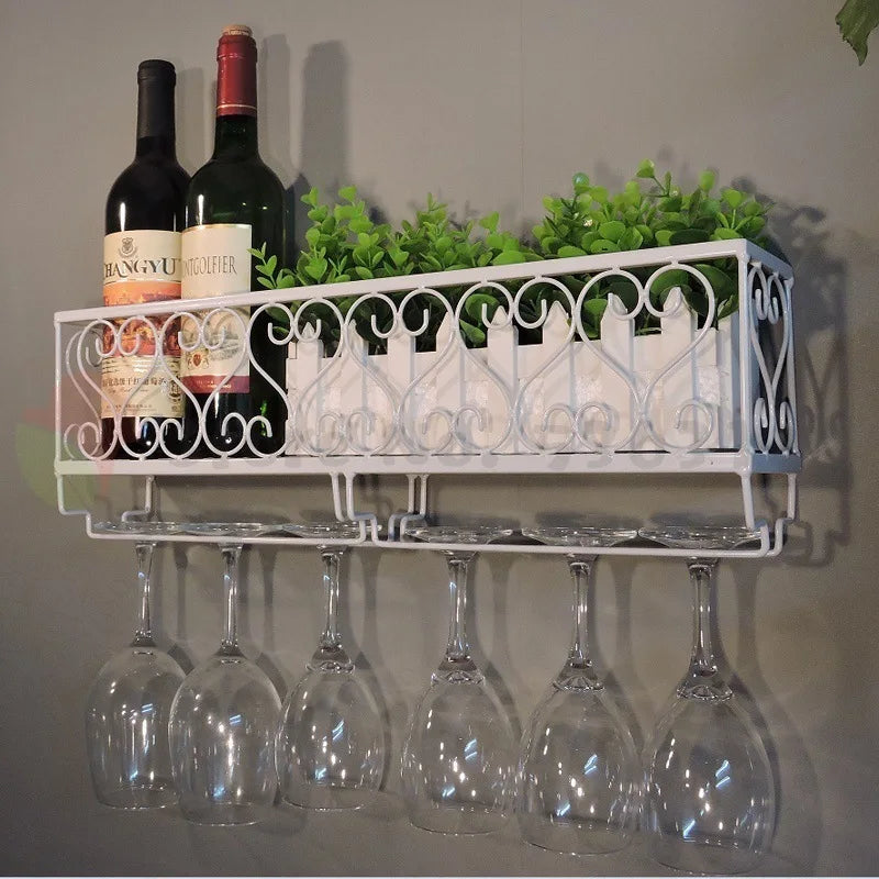 Wall-Mounted Wine Rack with Glass Holder – Rustic Metal Bottle Shelf for Home Bar & Kitchen Décor