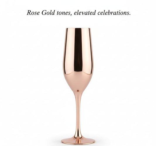 Rose gold champagne flute on a white background with text 'Rose Gold tones, elevated celebrations.'