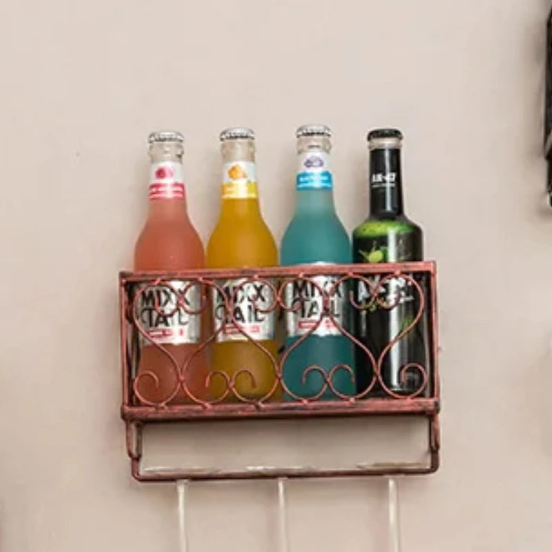 Wall-Mounted Wine Rack with Glass Holder – Rustic Metal Bottle Shelf for Home Bar & Kitchen Décor