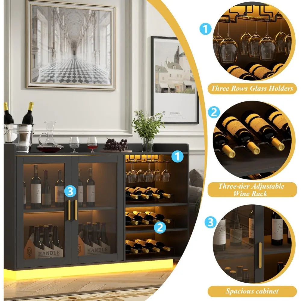 Wine Bar Cabinet with LED Lights, Floating Coffee Bar with Glass Rack and Removable Wine Racks, Modern Buffet Sideboard