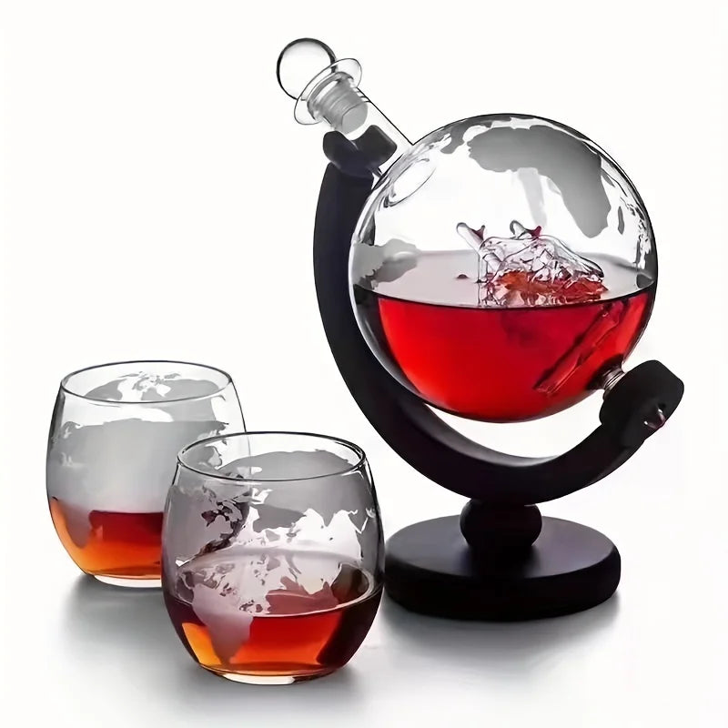 FREE SHIPPING Creative Globe Decanter Set with Lead-free Carafe Exquisite Wood-stand and 2 Whisky Glasses Whiskey Decanter Globe Grade Gift