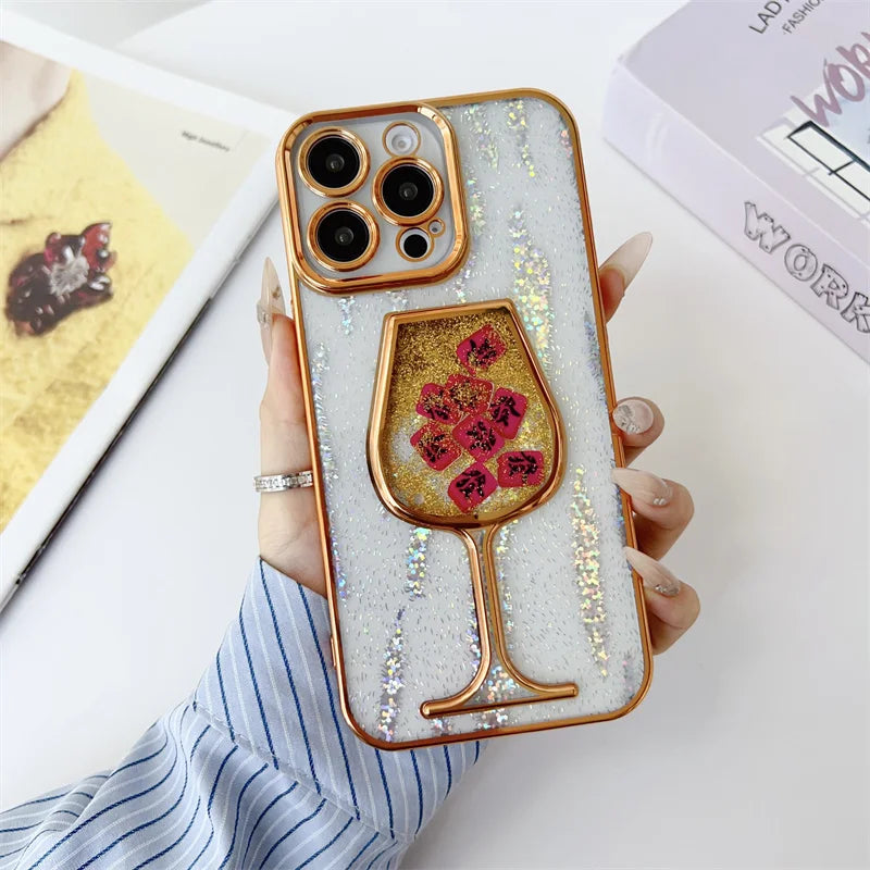 Glitter Quicksand Cup Case for iPhone 15 16 Pro Max Shell Luxury Plating Bumper Camera Protector Soft Cover Dynamic Slider Funda