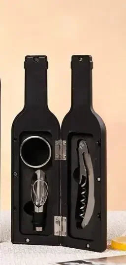 A 3 piece wine opener set displayed in a bottle-shaped case