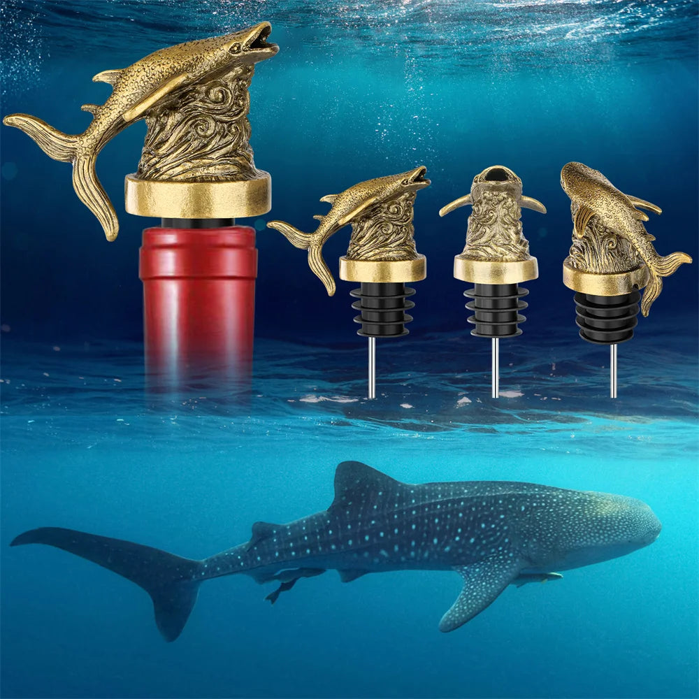 Wine Gift Whale Shark 2-In-1 Wine Bottle Pourer and Stopper Bronze/Grey Black Alloy Silicone Bottle Stoppers Kitchen Bar Tools