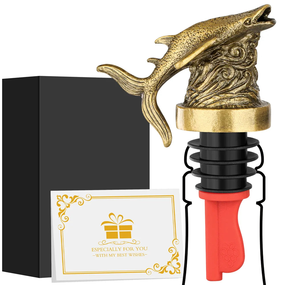 Wine Gift Whale Shark 2-In-1 Wine Bottle Pourer and Stopper Bronze/Grey Black Alloy Silicone Bottle Stoppers Kitchen Bar Tools