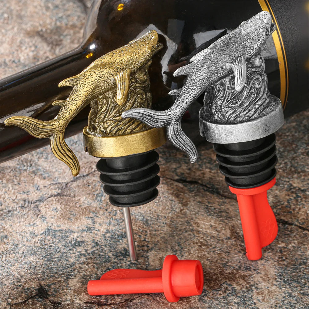 Wine Gift Whale Shark 2-In-1 Wine Bottle Pourer and Stopper Bronze/Grey Black Alloy Silicone Bottle Stoppers Kitchen Bar Tools