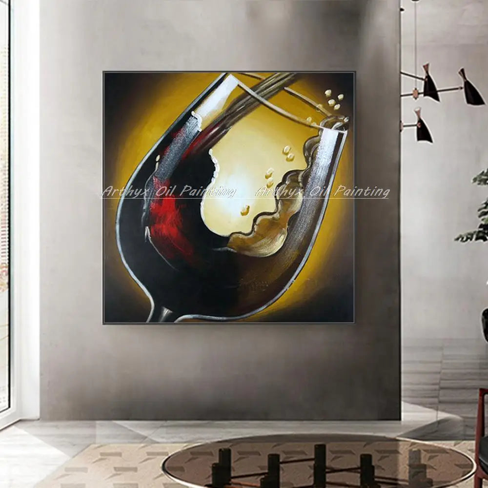 Arthyx Hand Painted Red Wine Glass Oil Painting On Canvas,Abstract Still Life Wall Art,Pictures For Living Room Home Hotel Decor