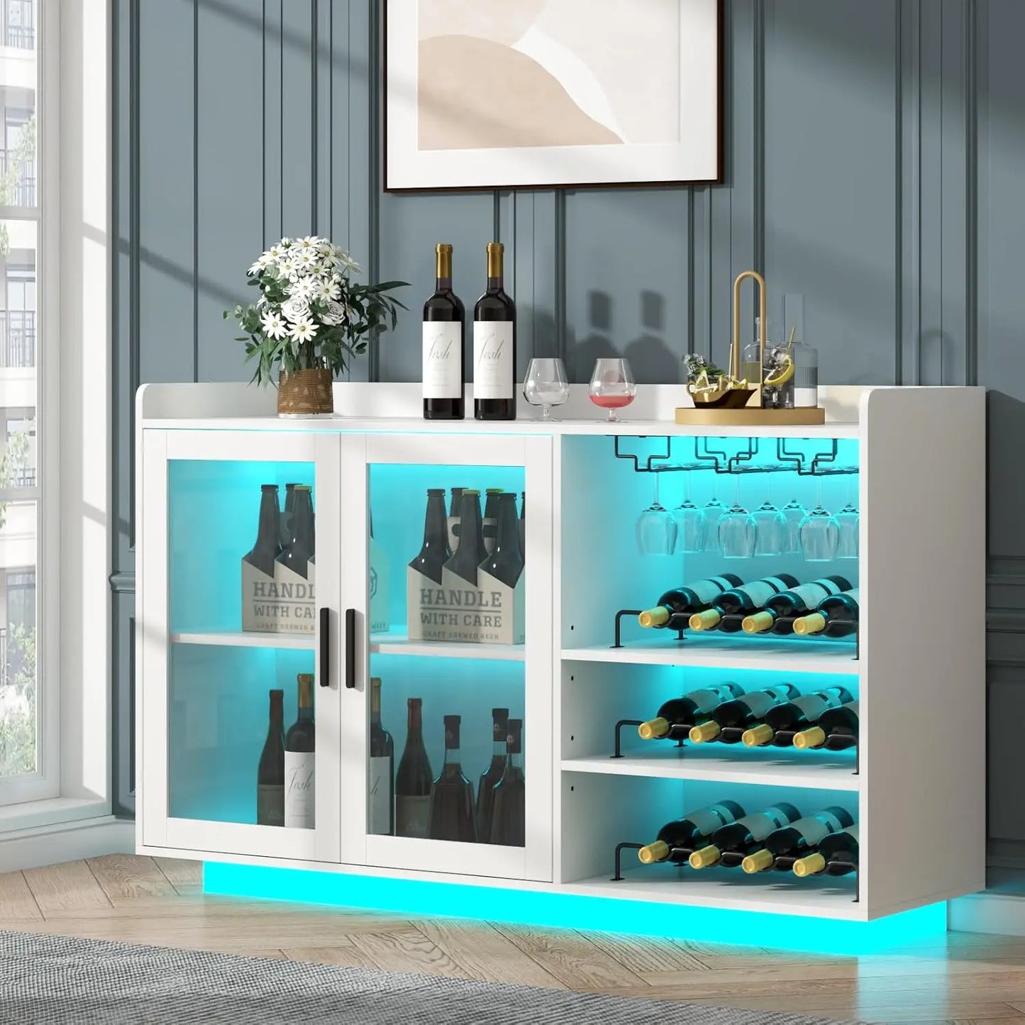Wine Bar Cabinet with LED Lights, Floating Coffee Bar with Glass Rack and Removable Wine Racks, Modern Buffet Sideboard