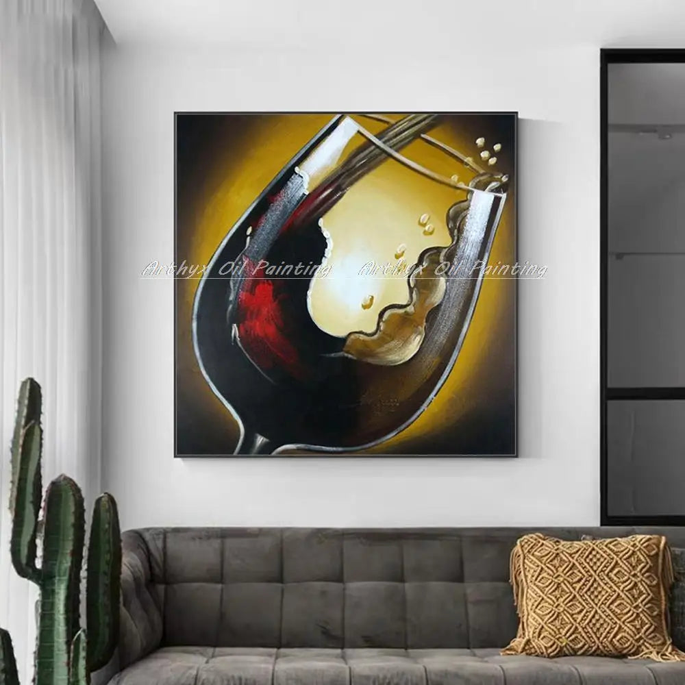 Arthyx Hand Painted Red Wine Glass Oil Painting On Canvas,Abstract Still Life Wall Art,Pictures For Living Room Home Hotel Decor