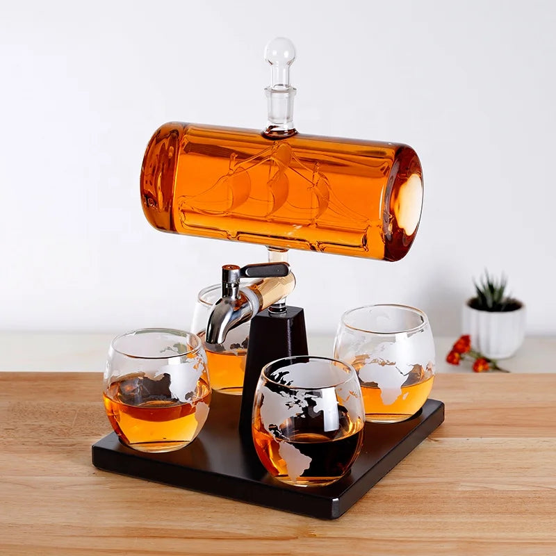1100ml Wine Specialist Boat Decanter Set with 4 Globe Cup Drink Dispensers for Wine Whiskey Decanter