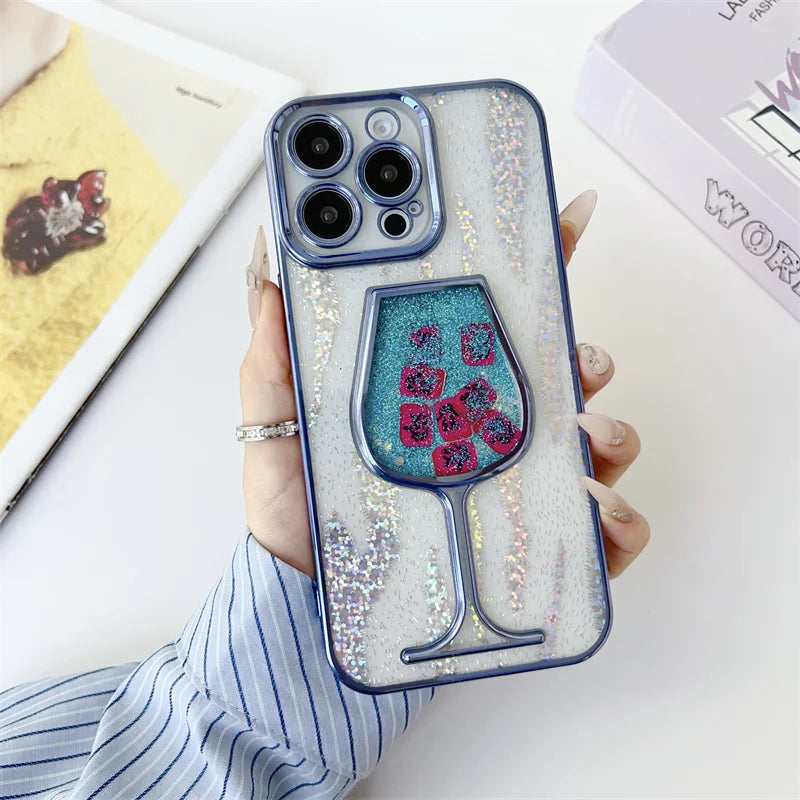 Glitter Quicksand Cup Case for iPhone 15 16 Pro Max Shell Luxury Plating Bumper Camera Protector Soft Cover Dynamic Slider Funda