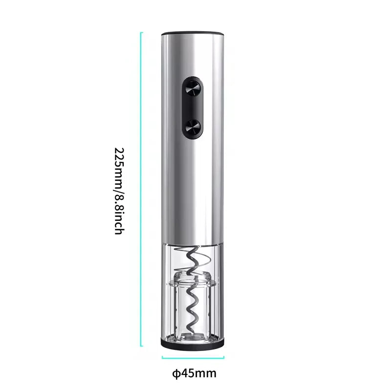 Electric wine opener with dimensions on a white background