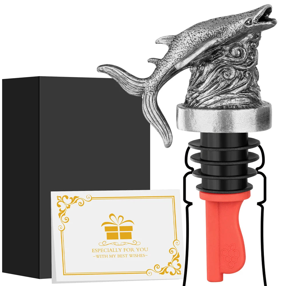 Wine Gift Whale Shark 2-In-1 Wine Bottle Pourer and Stopper Bronze/Grey Black Alloy Silicone Bottle Stoppers Kitchen Bar Tools