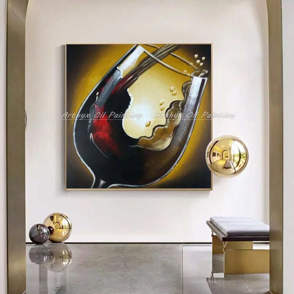 Arthyx Hand Painted Red Wine Glass Oil Painting On Canvas,Abstract Still Life Wall Art,Pictures For Living Room Home Hotel Decor