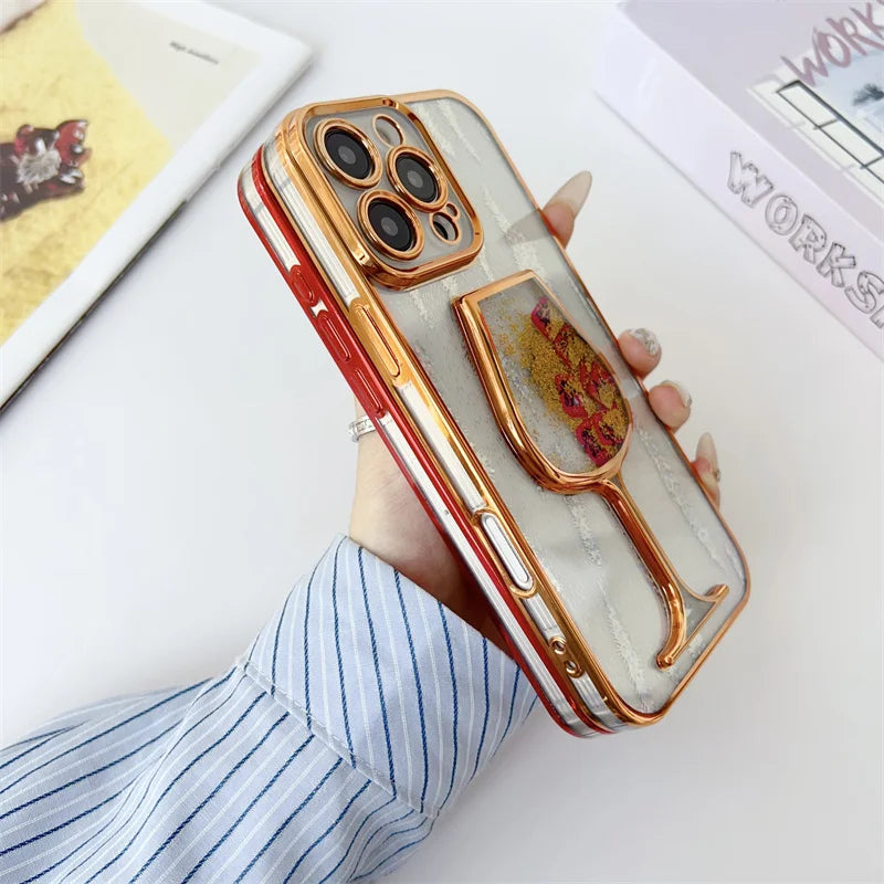 Glitter Quicksand Cup Case for iPhone 15 16 Pro Max Shell Luxury Plating Bumper Camera Protector Soft Cover Dynamic Slider Funda