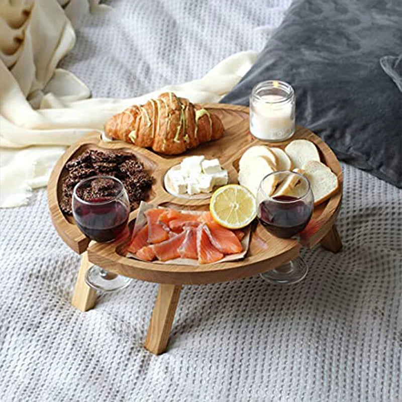 Wooden Folding Picnic Table Outdoor Portable Holder Round Foldable Desk Wine Glass Rack Collapsible Table For Garden Party