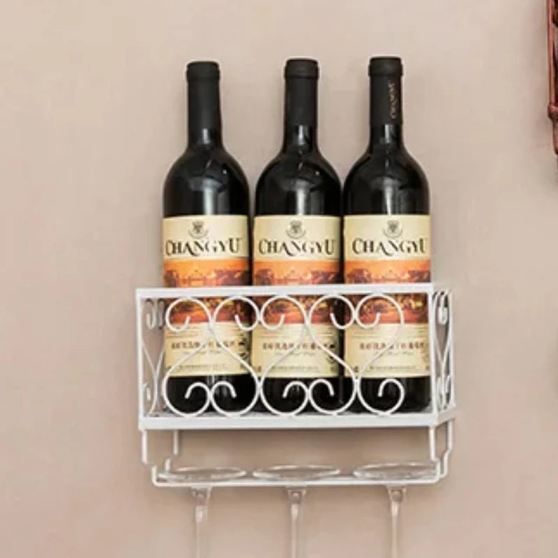 Wall-Mounted Wine Rack with Glass Holder – Rustic Metal Bottle Shelf for Home Bar & Kitchen Décor