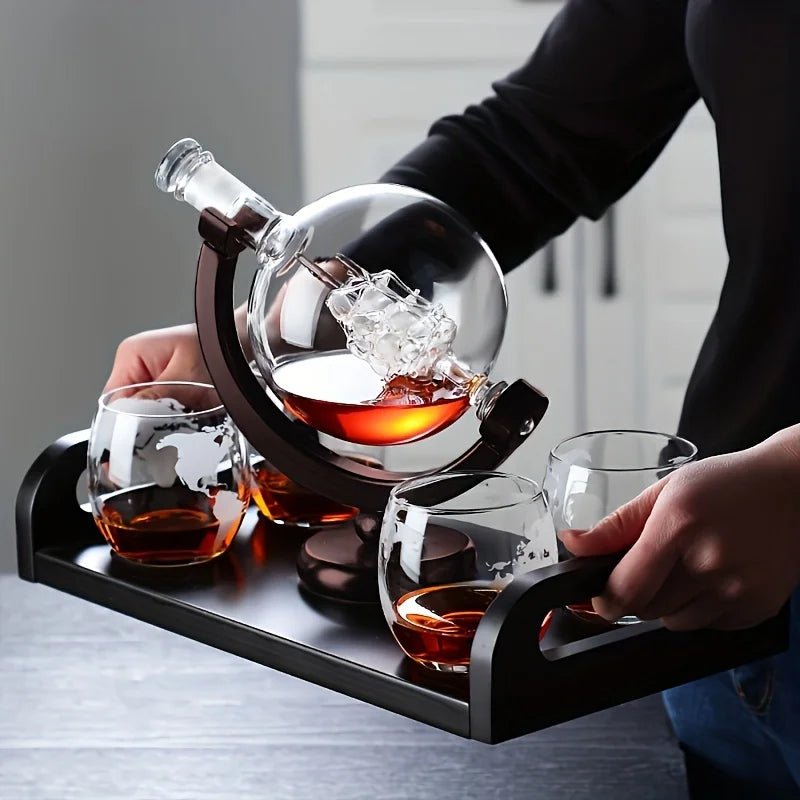 FREE SHIPPING Creative Globe Decanter Set with Lead-free Carafe Exquisite Wood-stand and 2 Whisky Glasses Whiskey Decanter Globe Grade Gift