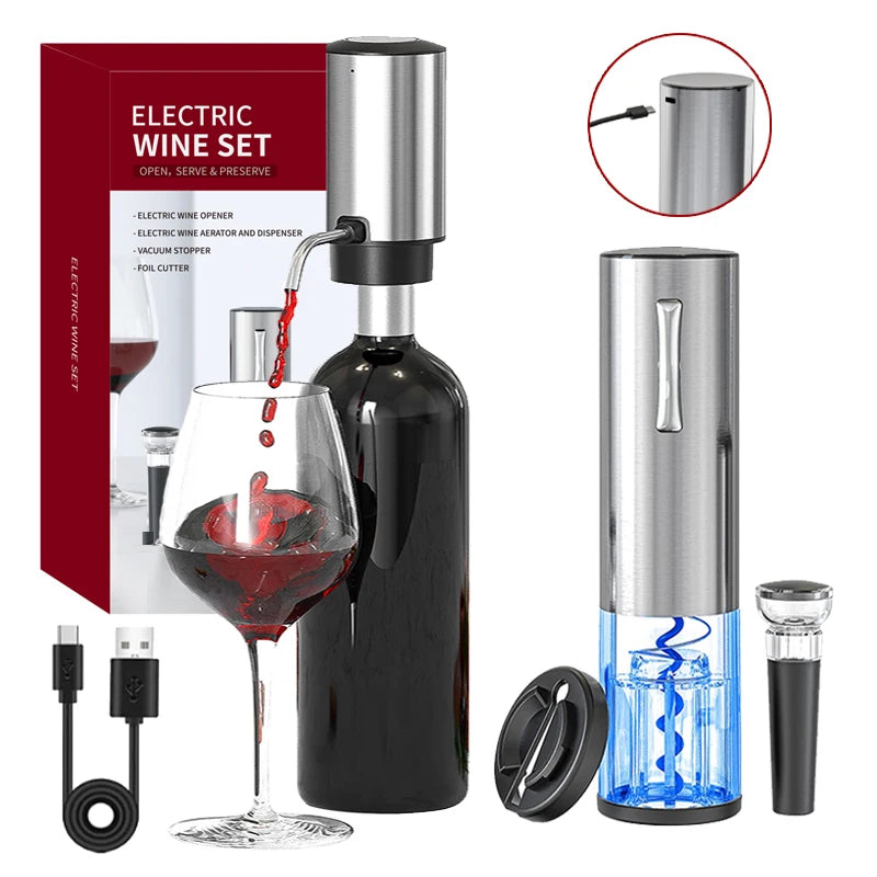 USB 4 in1 Electric Wine Opener Set With Electric Decanter and Aerator, Stainless Steel Rechargeable Wine Bottle Opener for Wine Lovers