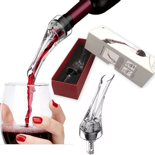 A wine aerating pourer spout , shown in use with red wine pouring into a glass, and in packaging.