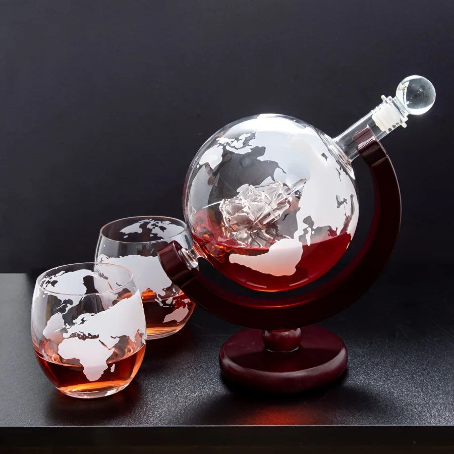 FREE SHIPPING Creative Globe Decanter Set with Lead-free Carafe Exquisite Wood-stand and 2 Whisky Glasses Whiskey Decanter Globe Grade Gift
