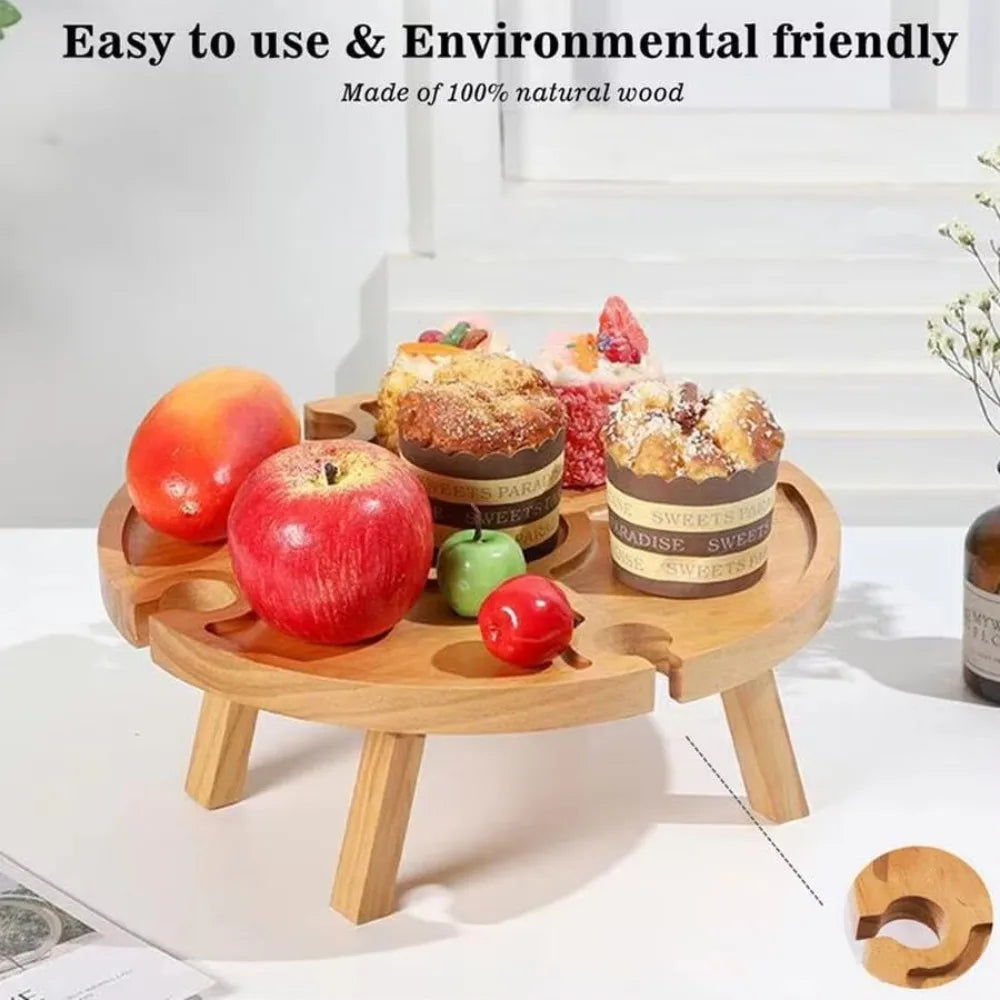 Portable Wooden Tables Outdoor Picnic Wine Table with Handle Small Folding Beach Table Retractable Legs Snack Cheese Tray
