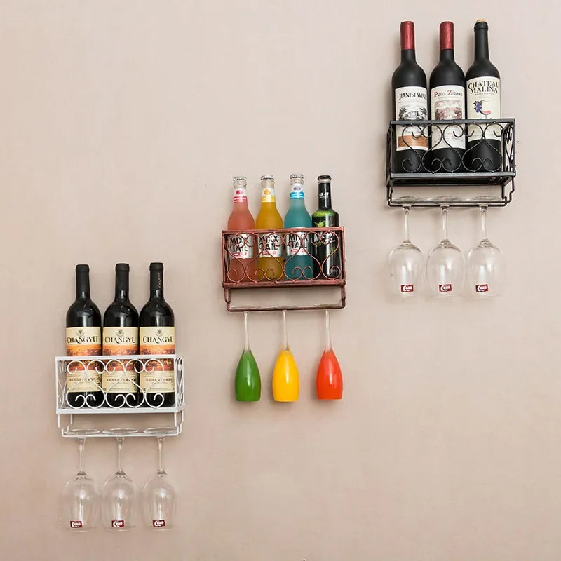 Wall-Mounted Wine Rack with Glass Holder – Rustic Metal Bottle Shelf for Home Bar & Kitchen Décor