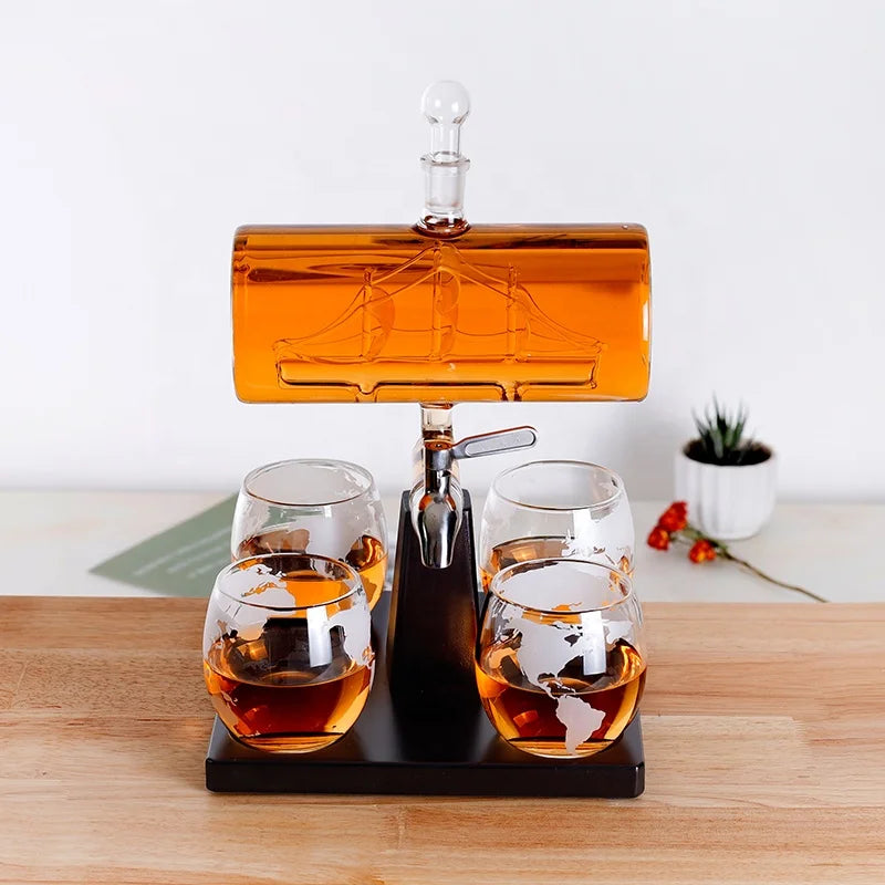 1100ml Wine Specialist Boat Decanter Set with 4 Globe Cup Drink Dispensers for Wine Whiskey Decanter