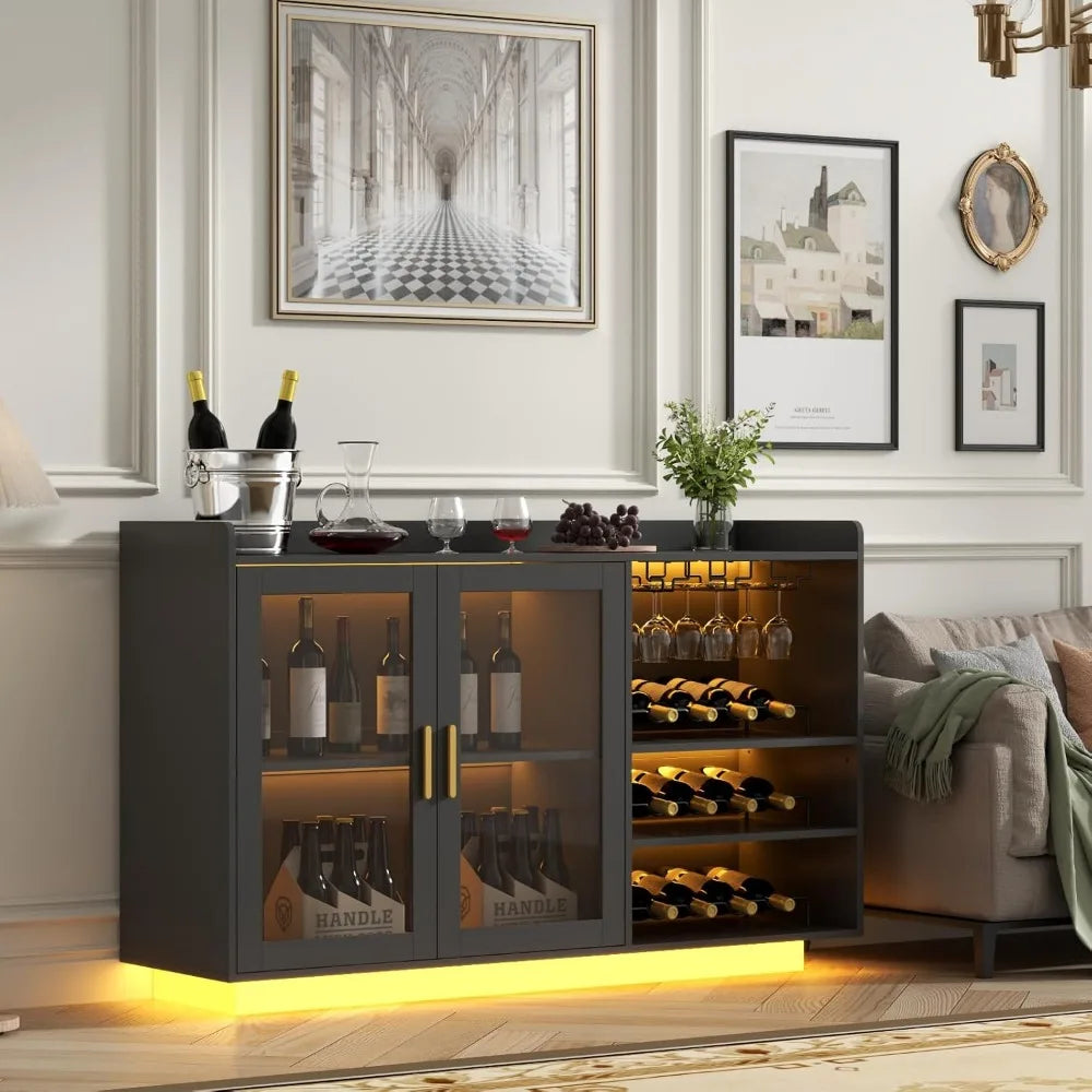 Wine Bar Cabinet with LED Lights, Floating Coffee Bar with Glass Rack and Removable Wine Racks, Modern Buffet Sideboard