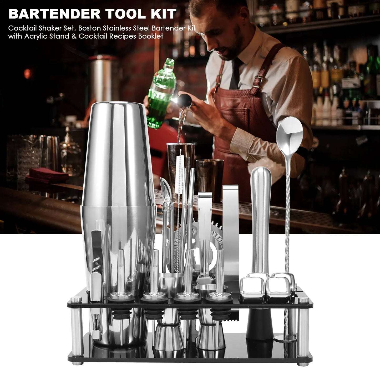 B08B-Cocktail Shaker Set, Boston Stainless Steel Bartender Kit with Acrylic Stand & Cocktail Recipes Booklet