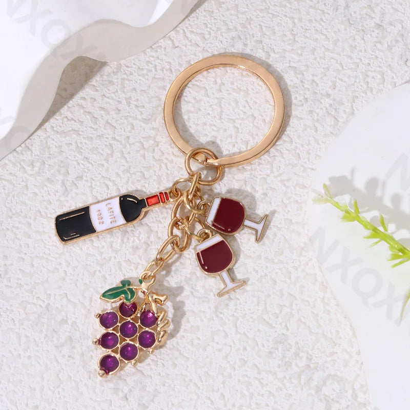 Cute Grape Red Wine Enamel Keychain Party Drink Classic Key Ring For Wine-lover Friendship Gift Handmade Jewelry Set