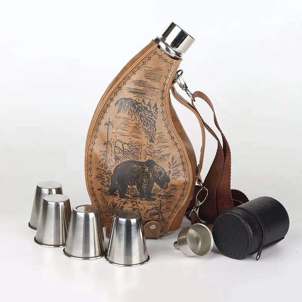 53oz Stainless Steel Horns Hip Flask, Portable Leather Case, Ox Horn Flagon With funnel high-capacity, Wine jug