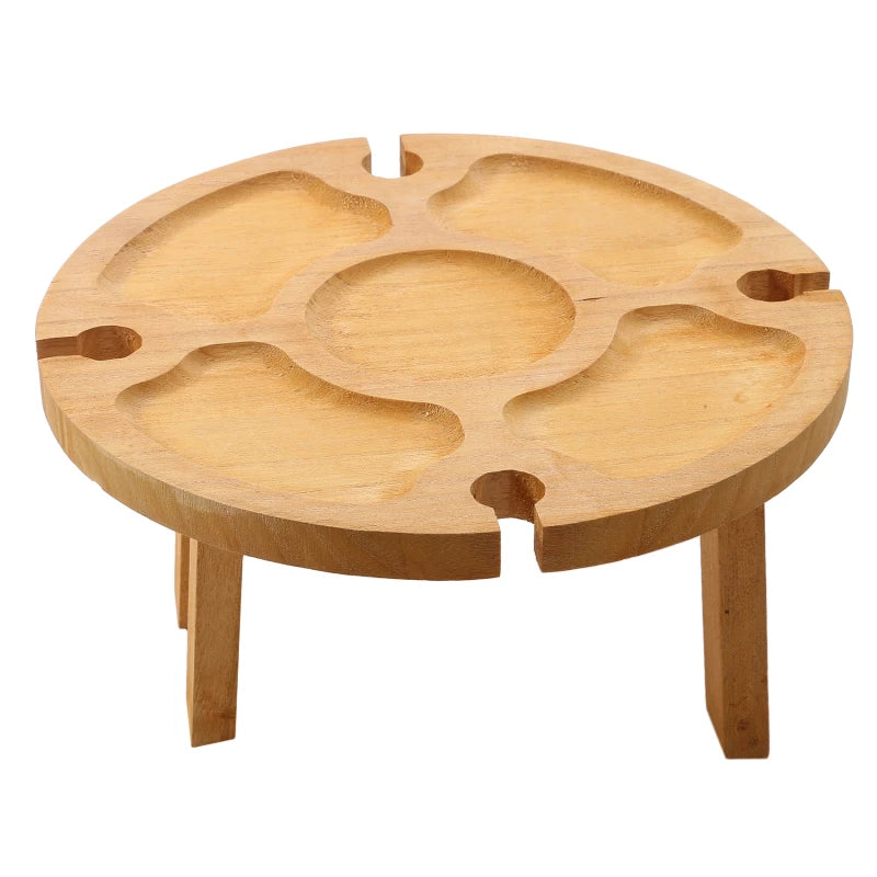 Wooden Folding Picnic Table Outdoor Portable Holder Round Foldable Desk Wine Glass Rack Collapsible Table For Garden Party