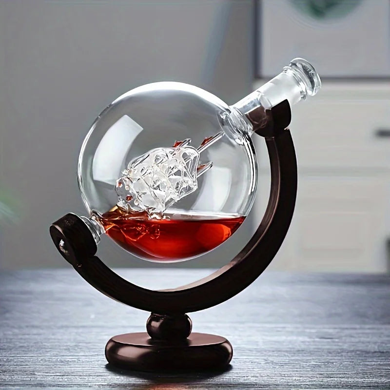 FREE SHIPPING Creative Globe Decanter Set with Lead-free Carafe Exquisite Wood-stand and 2 Whisky Glasses Whiskey Decanter Globe Grade Gift