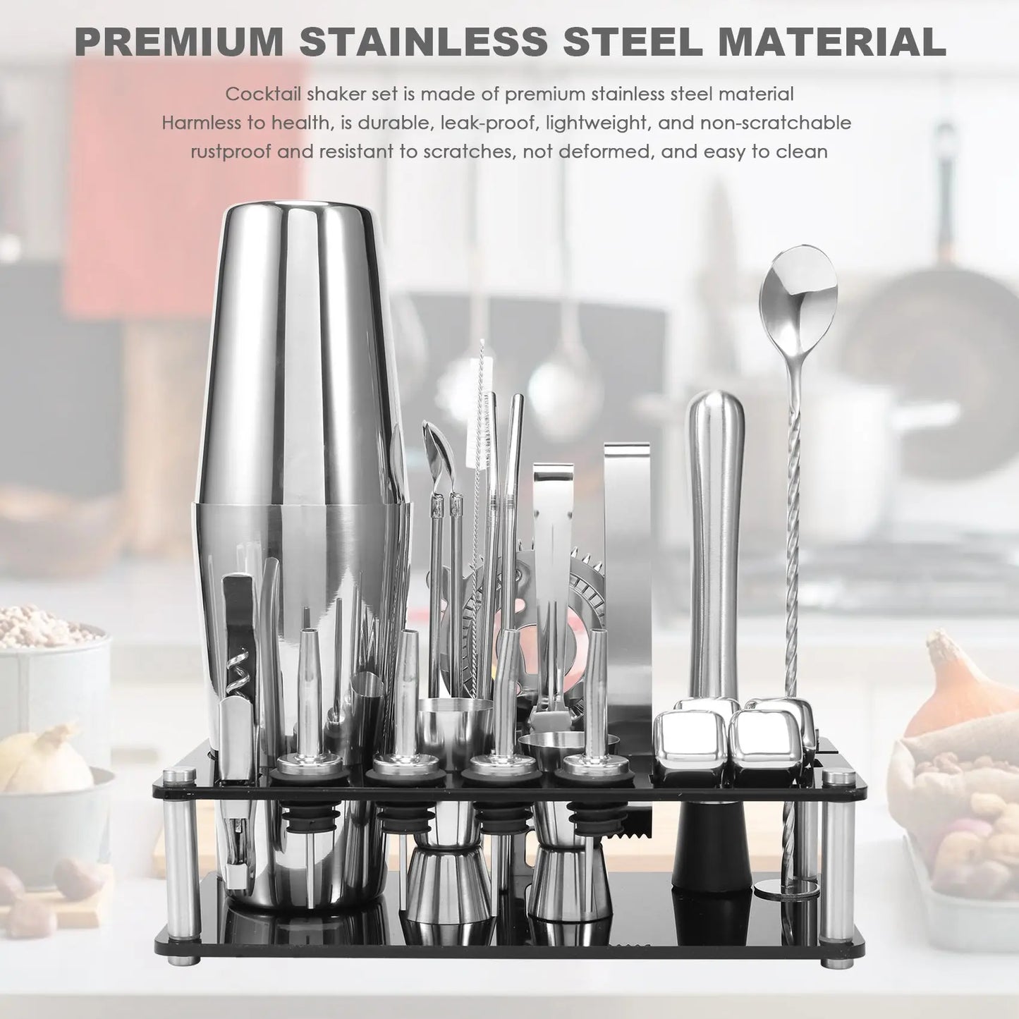B08B-Cocktail Shaker Set, Boston Stainless Steel Bartender Kit with Acrylic Stand & Cocktail Recipes Booklet