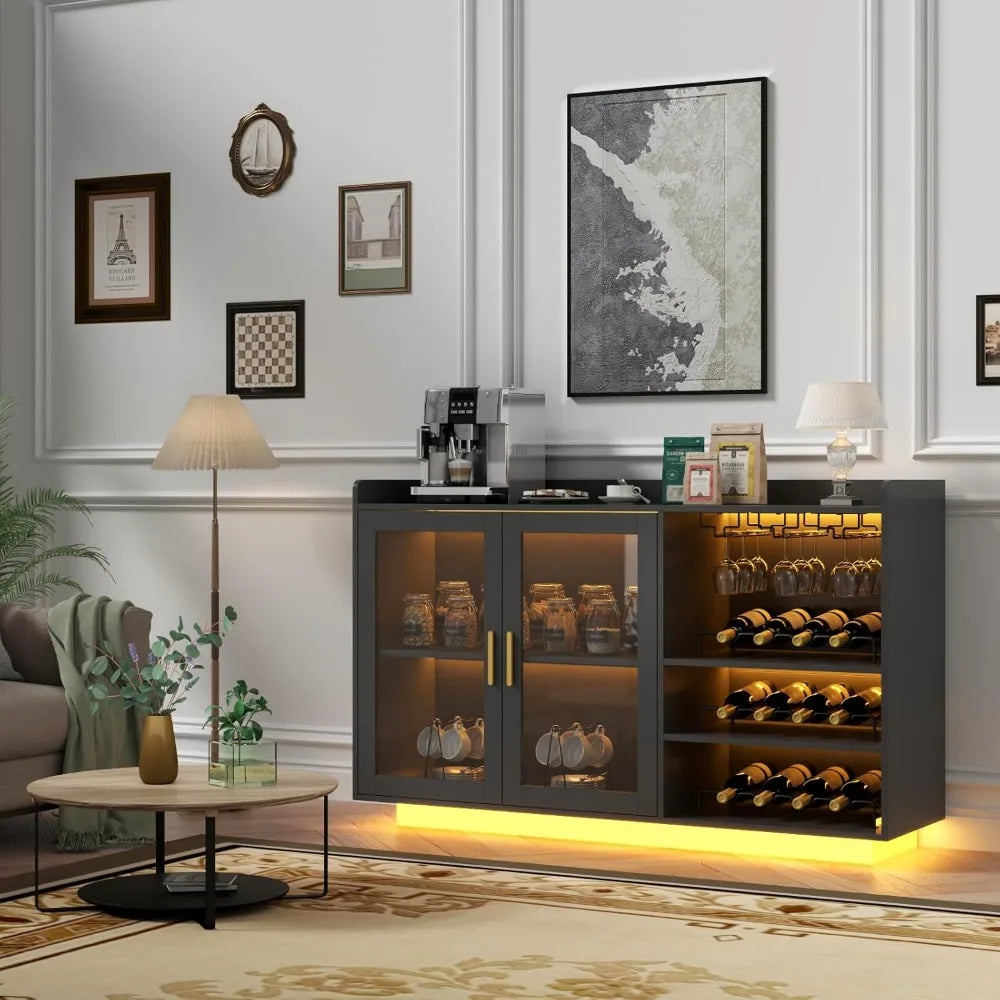 Wine Bar Cabinet with LED Lights, Floating Coffee Bar with Glass Rack and Removable Wine Racks, Modern Buffet Sideboard