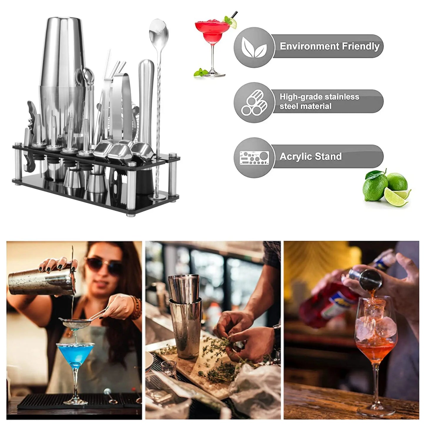 B08B-Cocktail Shaker Set, Boston Stainless Steel Bartender Kit with Acrylic Stand & Cocktail Recipes Booklet