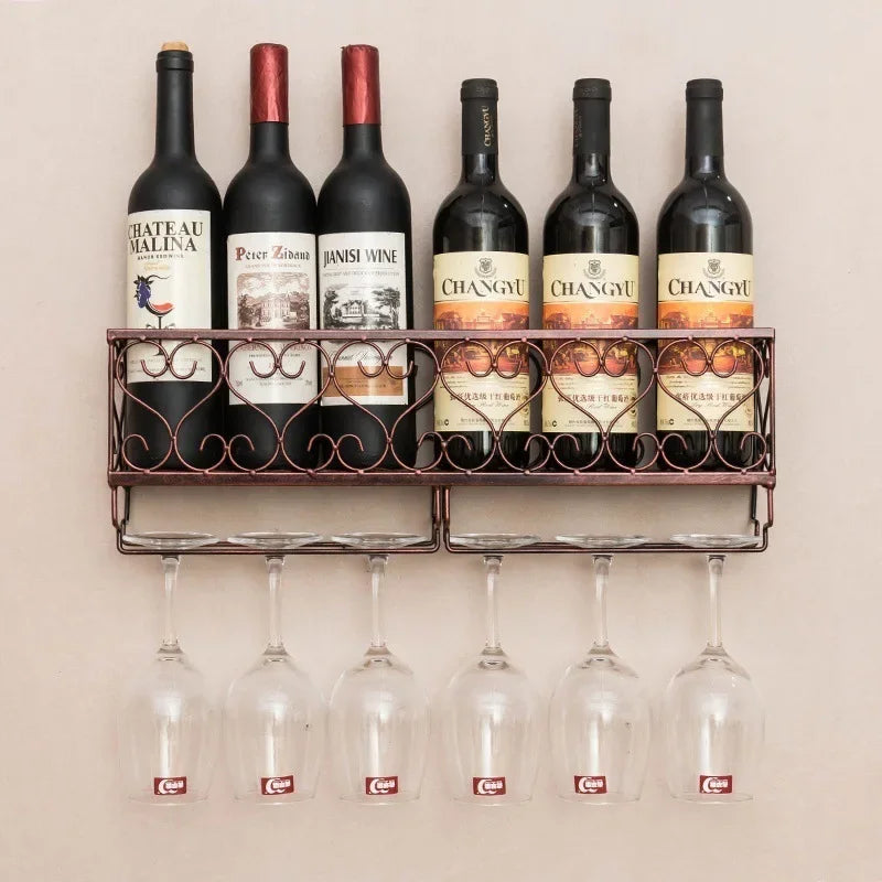 Wall-Mounted Wine Rack with Glass Holder – Rustic Metal Bottle Shelf for Home Bar & Kitchen Décor