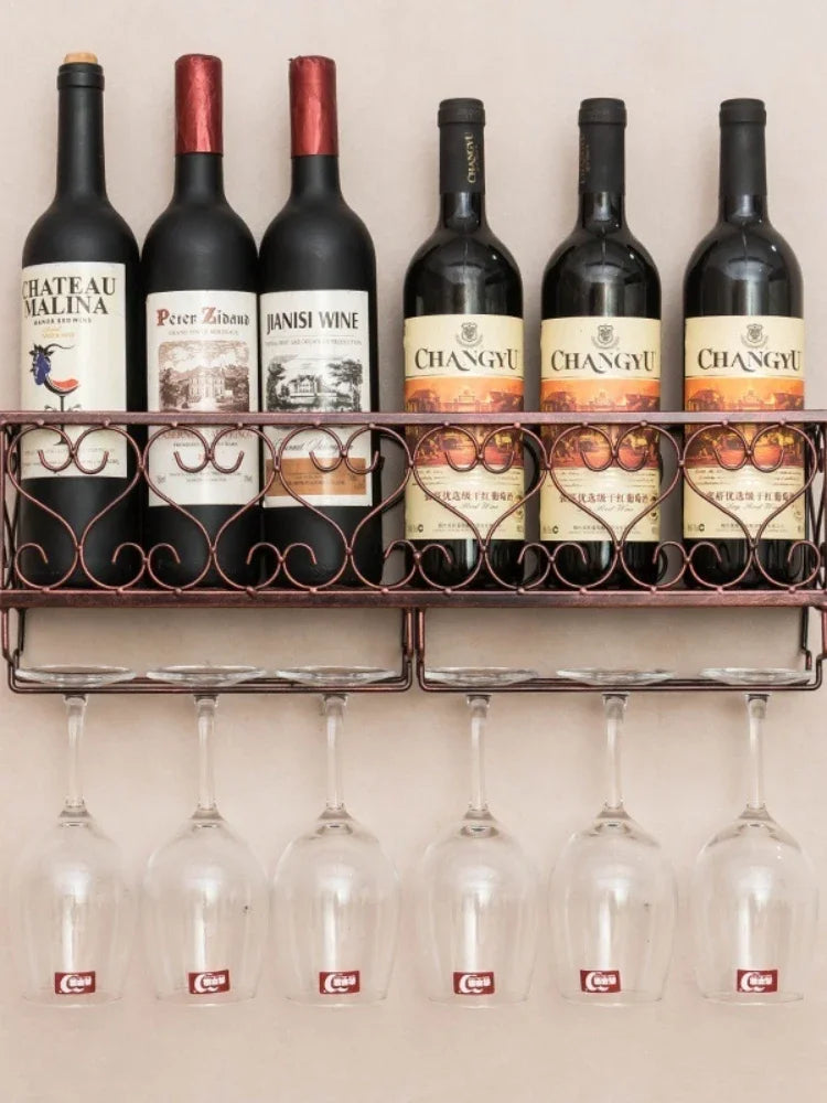 Wall-Mounted Wine Rack with Glass Holder – Rustic Metal Bottle Shelf for Home Bar & Kitchen Décor