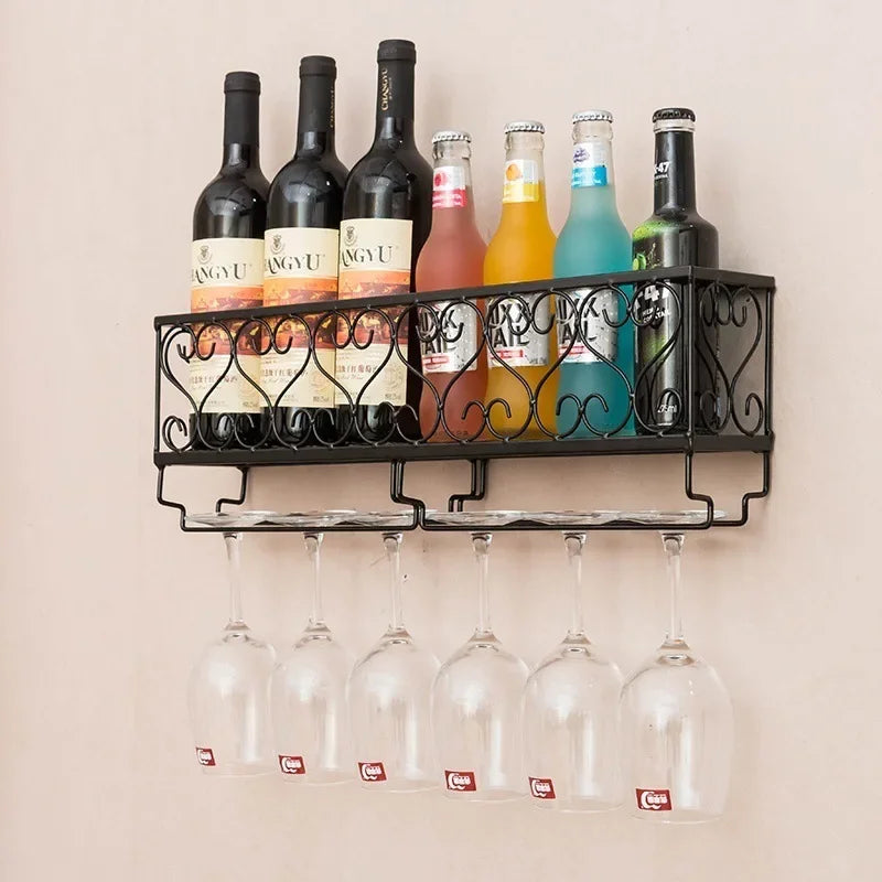 Wall-Mounted Wine Rack with Glass Holder – Rustic Metal Bottle Shelf for Home Bar & Kitchen Décor