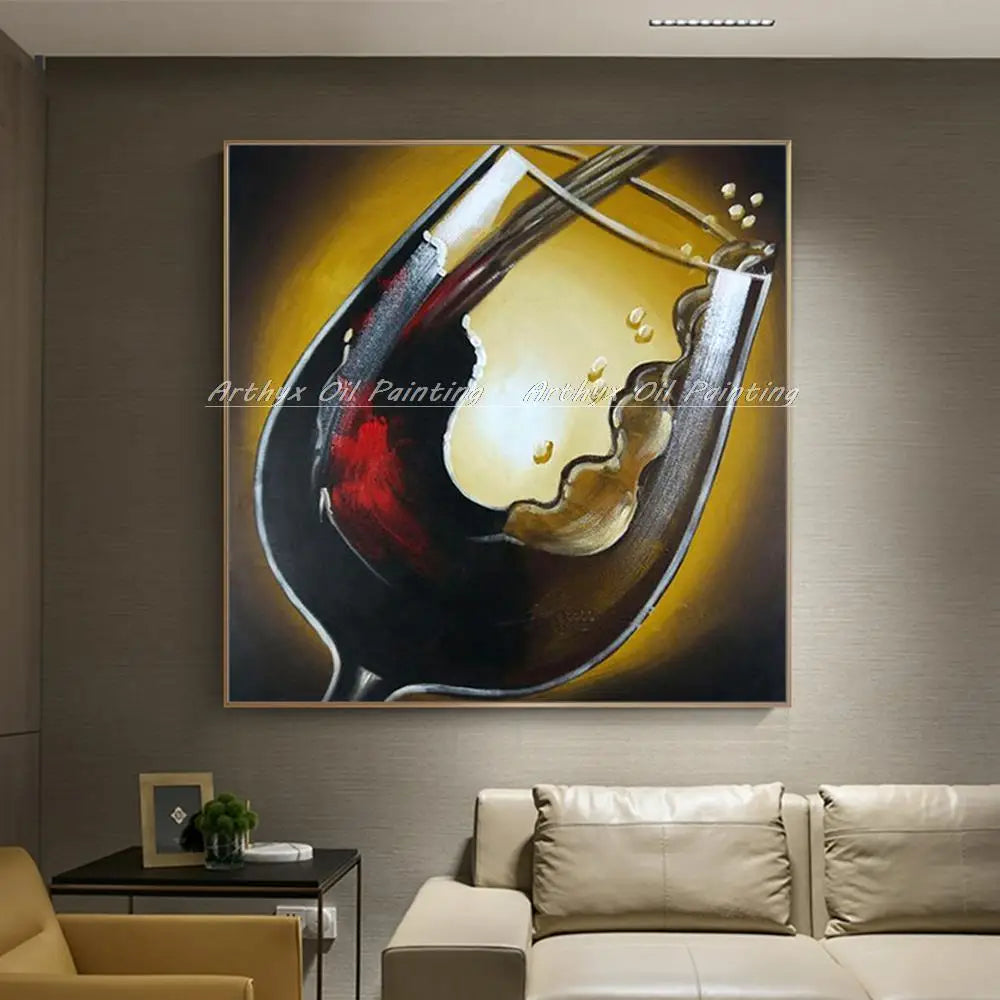 Arthyx Hand Painted Red Wine Glass Oil Painting On Canvas,Abstract Still Life Wall Art,Pictures For Living Room Home Hotel Decor