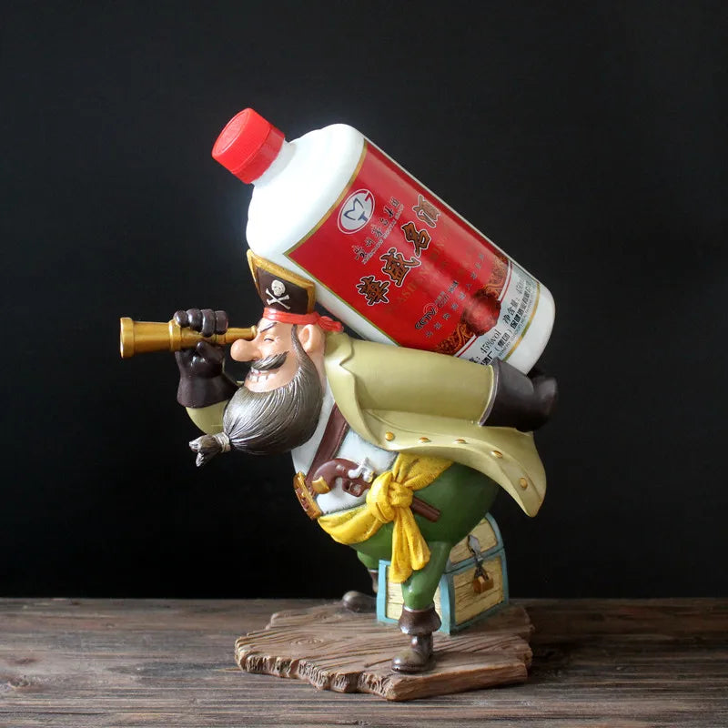 Caribbean Pirate Wine Bottle Holder Handmade Resin Captain Statue Wine Rack Home Barware Craft Ornament Cafe Decor Pub Supplies