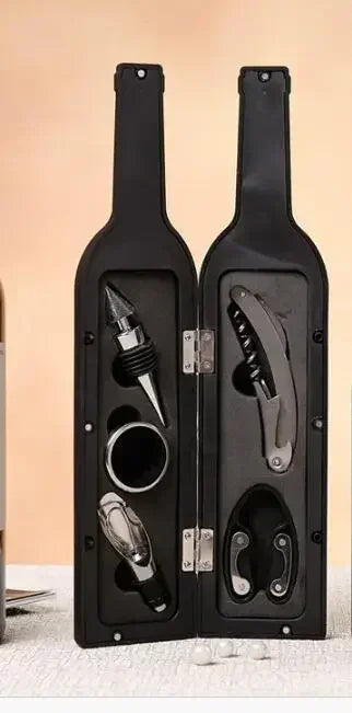 A 5 piece wine opener set displayed in a bottle-shaped case
