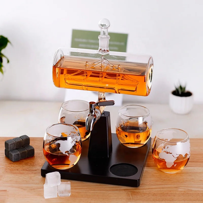 1100ml Wine Specialist Boat Decanter Set with 4 Globe Cup Drink Dispensers for Wine Whiskey Decanter